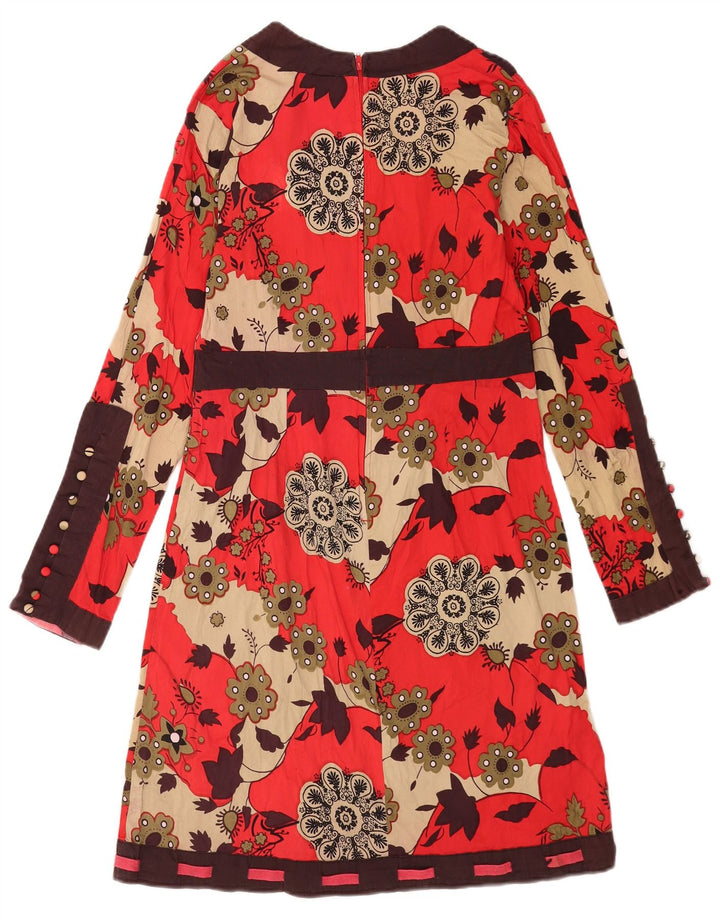 Rochie de bază cu mânecă lungă pentru femei vintage UK 12, bumbac floral, roșu mediu