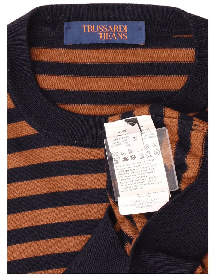 Pulover pentru bărbați Trussardi Jeans cu decolteu triplu, maro mediu, cu dungi acrilice