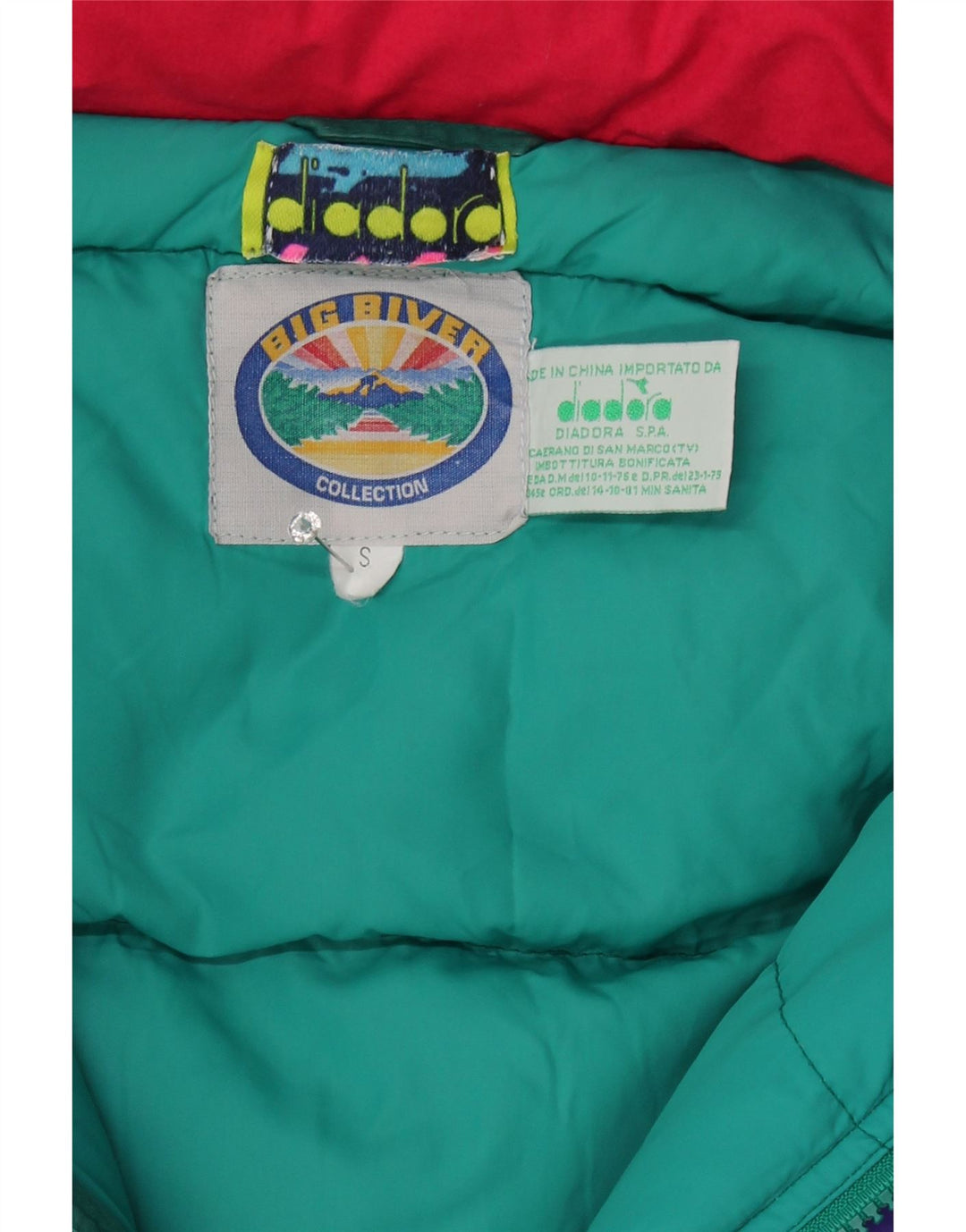 DIADORA Mens Oversized Padded Jacket UK 36 Small Green Colourblock Cotton Vintage Diadora and Second-Hand Diadora from Messina Hembry 