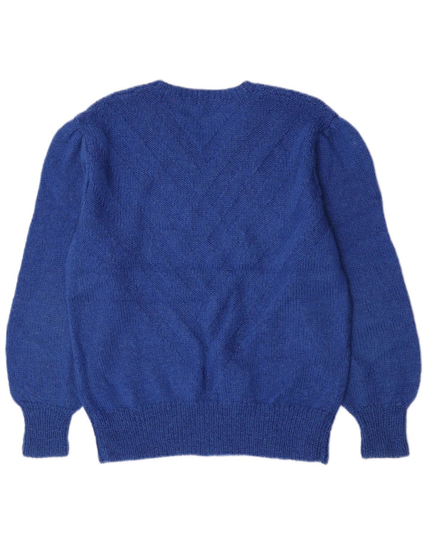 Pulover vintage pentru femei cu decolteu în V UK 14 mare, albastru Chevron Classic