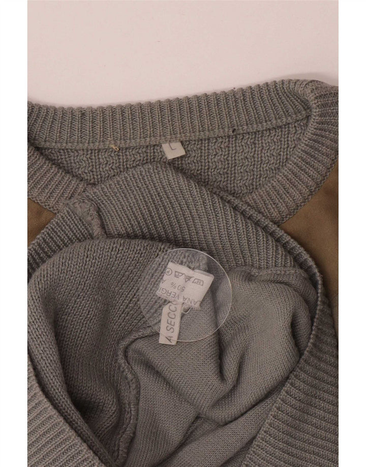 Pulover vintage pentru bărbați cu gât roșu, lână mare, gri, bloc de culoare