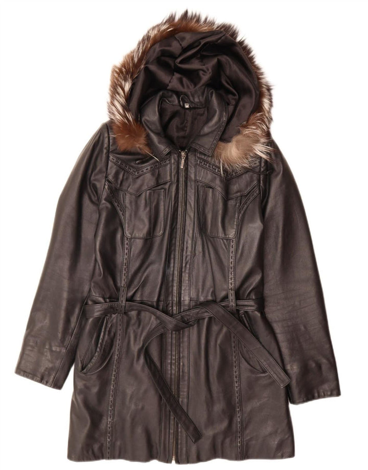 Palton din piele vintage pentru femei cu glugă UK 14 mediu negru