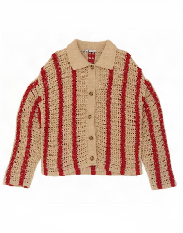 Pulover cardigan supradimensionat din croșetat Zara pentru femei UK 10 mic, bej, cu dungi