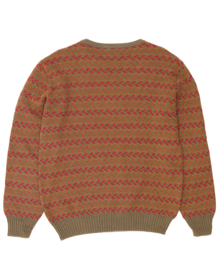 Pulover Vintage pentru bărbați cu decolteu rotund din lână geometrică kaki medie