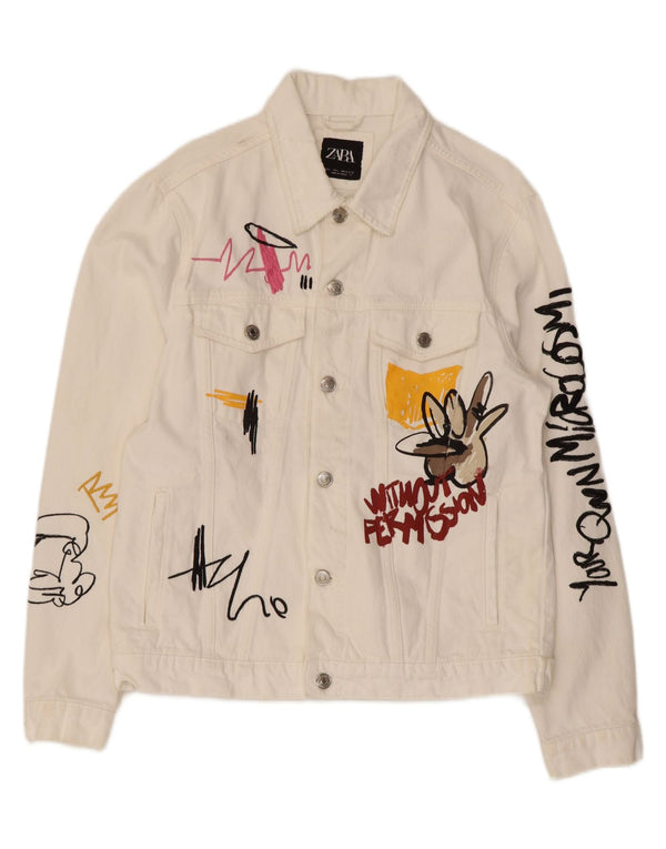 Jachetă de denim grafică pentru bărbați Zara UK 40, mare, alb, bumbac