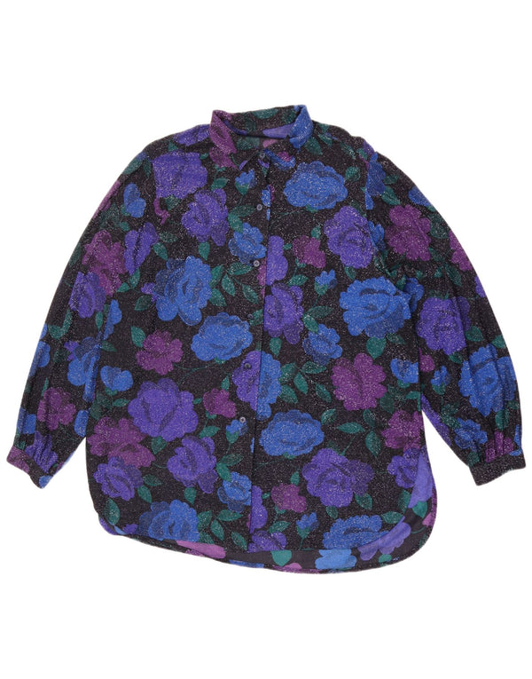 Bluză vintage pentru femei, cămașă supradimensionată UK 16, mare, albastră, florală