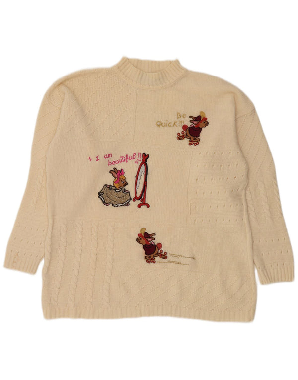 Pulover vintage cu gât țestoasă cu grafică pentru femei UK 14 Medium Off White