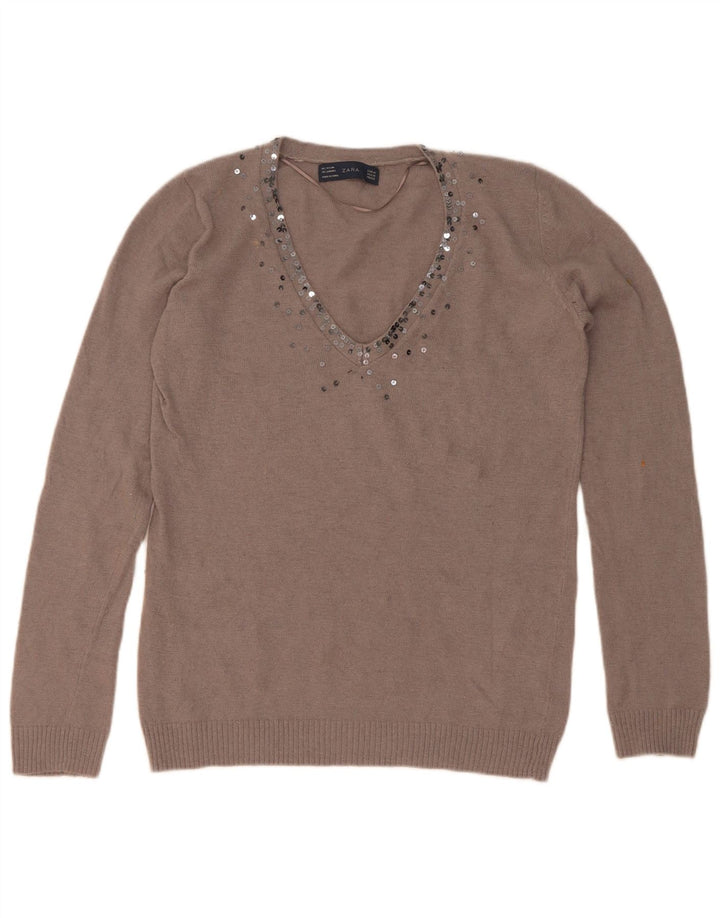 Pulover pentru femei cu decolteu în V Zara UK 14 Maro Mediu