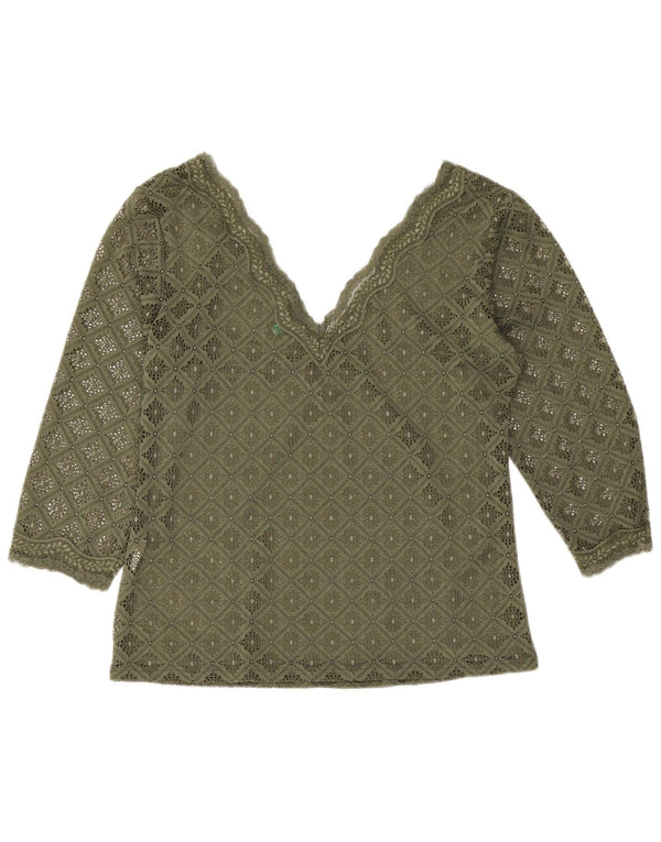 Bluză Benetton pentru femei cu mâneci 3/4 din dantelă, UK 12 Medium Kaki Geometric
