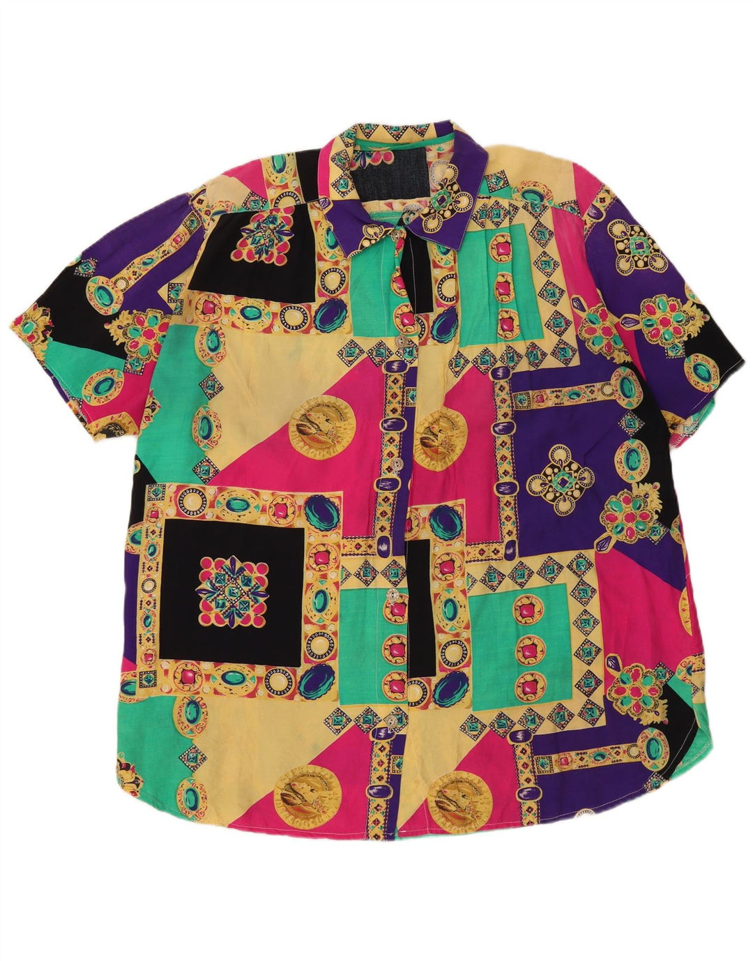 Bluză vintage cămașă cu mânecă scurtă pentru femei UK 20 2XL, multicoloră, patchwork