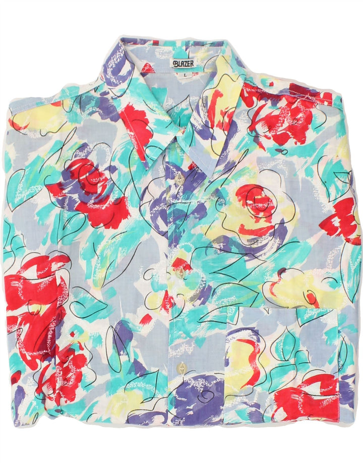 VINTAGE Mens Short Sleeve Shirt Large Blue Floral Vintage Vintage and Second-Hand Vintage from Messina Hembry 