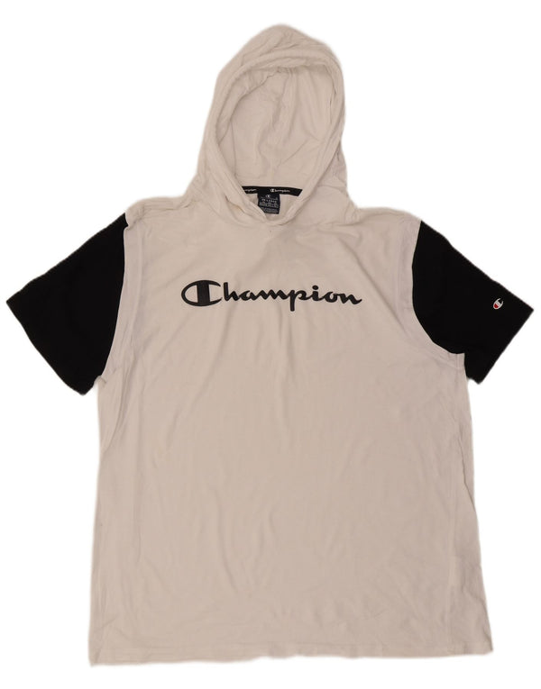 Tricou grafic Champion cu glugă pentru bărbați Top 2XL, bumbac color bloc alb