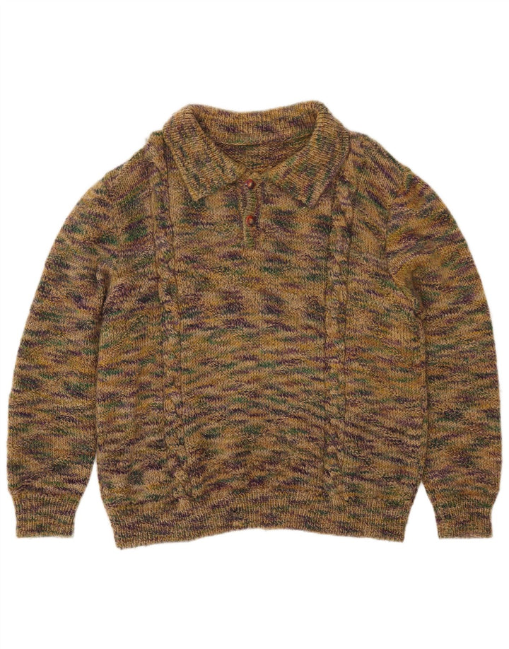 Pulover vintage pentru bărbați cu gât polo, verde mediu cu pete