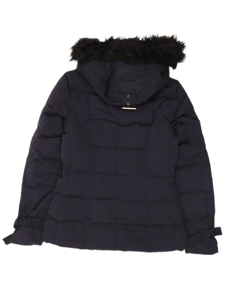 Jachetă căptușită cu glugă ZARA pentru femei UK 10 Mic, nailon bleumarin