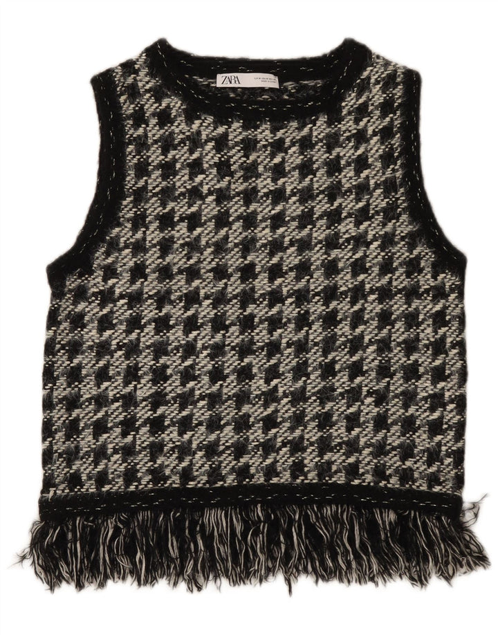 Zara Femei Vest Tank Top UK 12 Medium Black Houndstooth Poliester