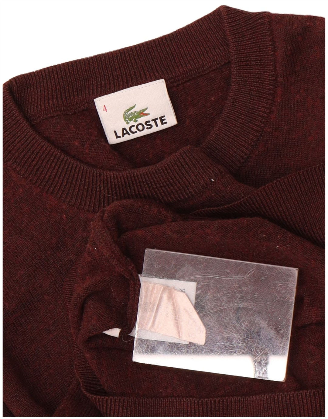 Pulover pentru bărbați LACOSTE cu gât roșu, mărimea 4, lână cu pete maro mediu