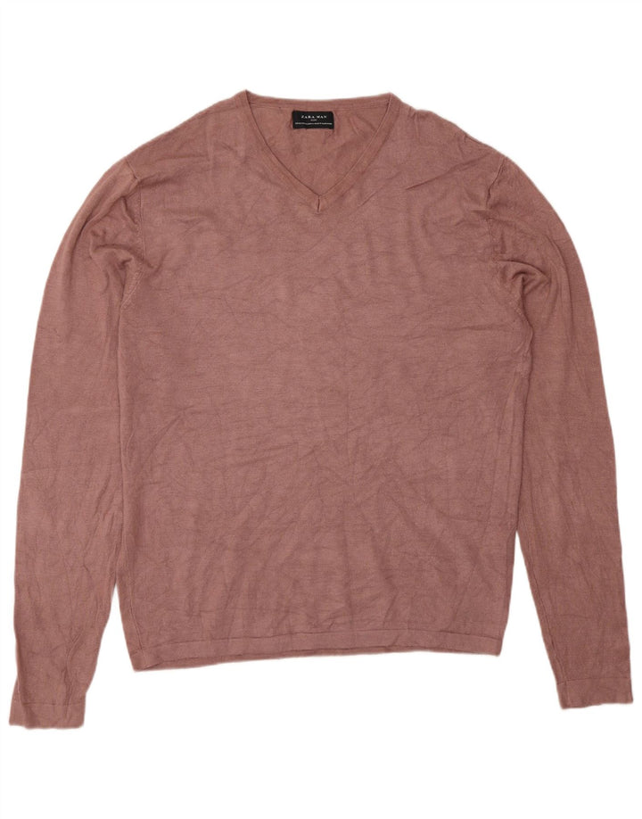 Pulover pentru bărbați Zara, cu decolteu în V, XL, roz, viscoză