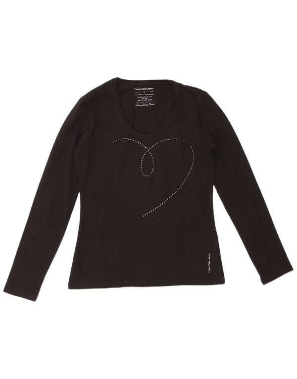 CALVIN KLEIN JEANS Top grafic pentru femei cu mânecă lungă UK 14, mare, negru, bumbac