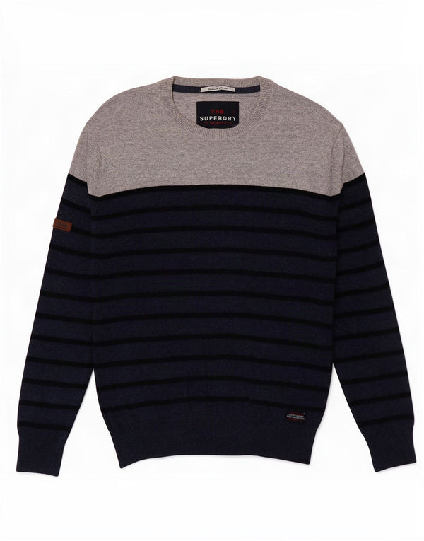 Pulover pentru bărbați Superdry cu gât crew, bumbac cu dungi mici, albastru bleumarin
