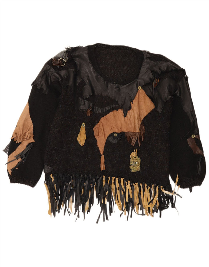Pulover vintage pentru femei cu gât de barcă UK 14 Medium Black Patchwork