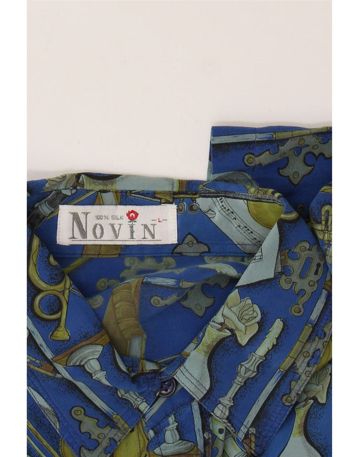 Cămașă cu mânecă scurtă pentru bărbați VINTAGE cu model abstract, mătase mare albastră