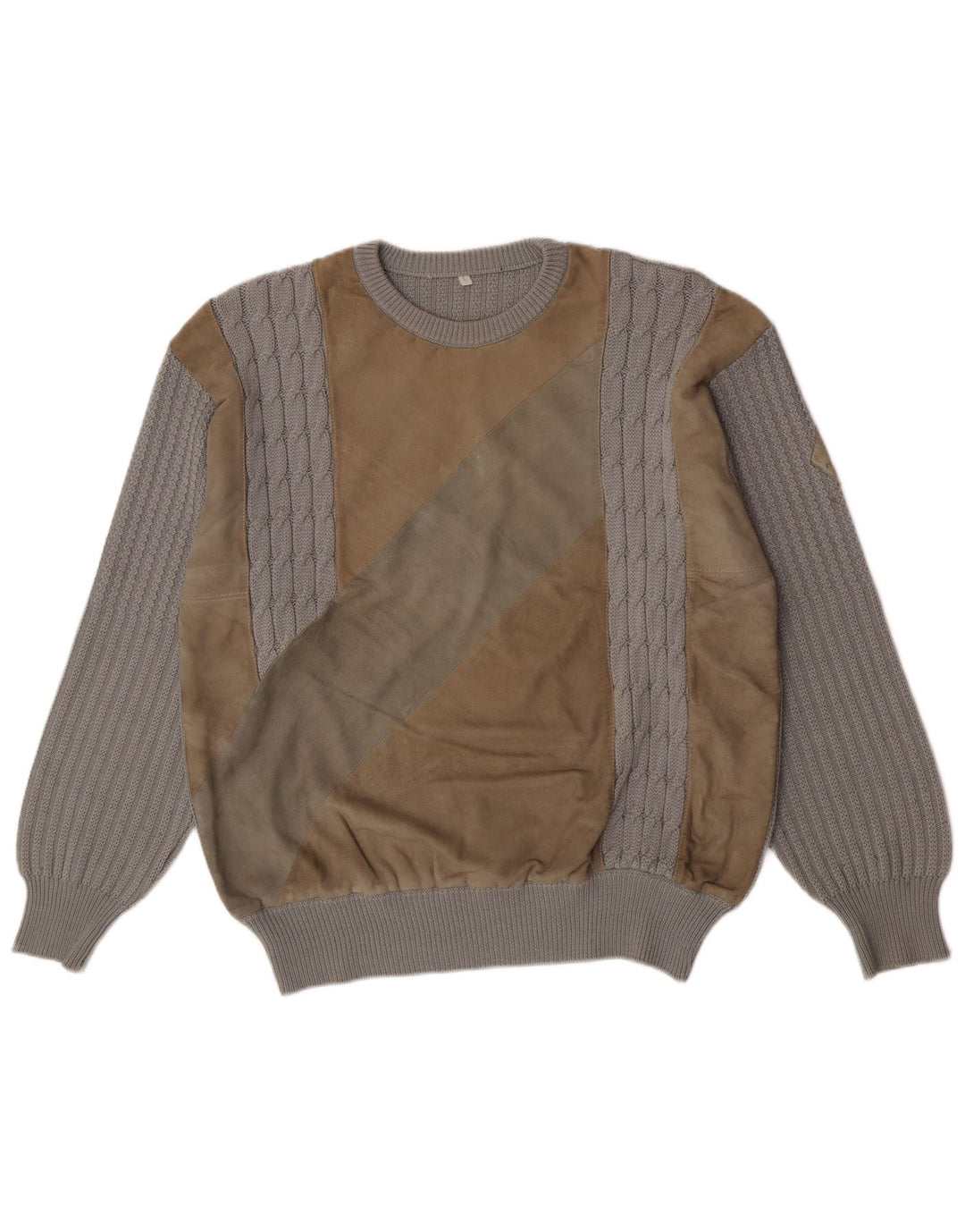 Pulover vintage pentru bărbați cu gât roșu, lână mare, gri, bloc de culoare