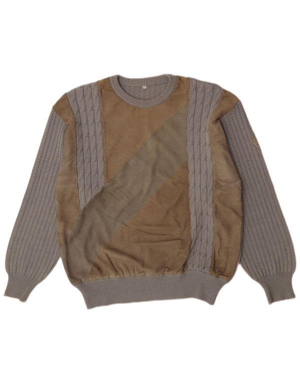Pulover vintage pentru bărbați cu gât roșu, lână mare, gri, bloc de culoare