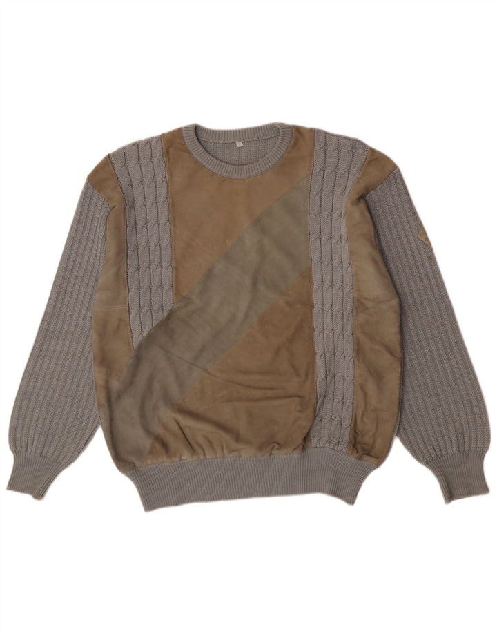 Pulover vintage pentru bărbați cu gât roșu, lână mare, gri, bloc de culoare
