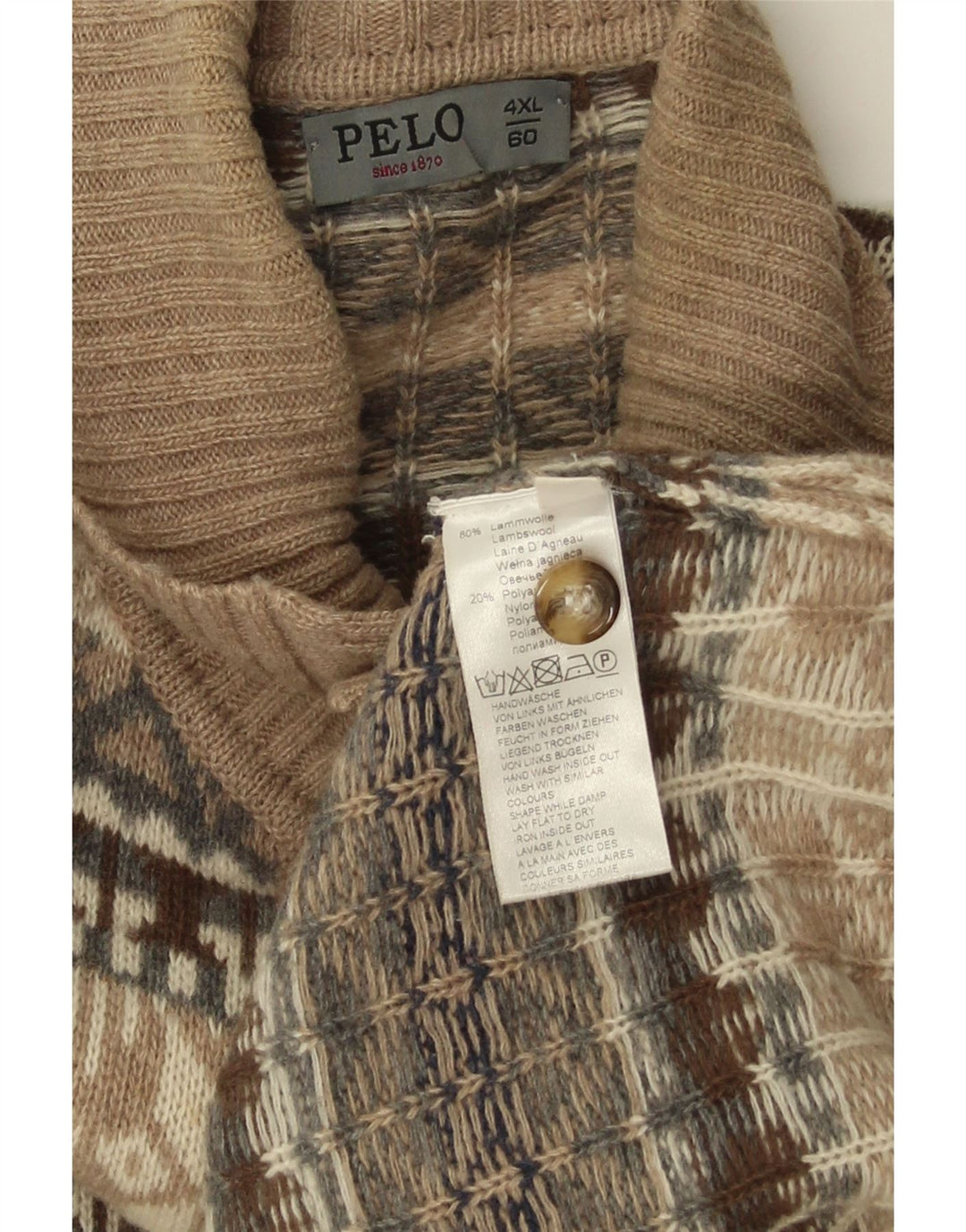 Pulover vintage pentru bărbați cu gât cu nasturi, 4XL, bej, lână de miel Fair Isle