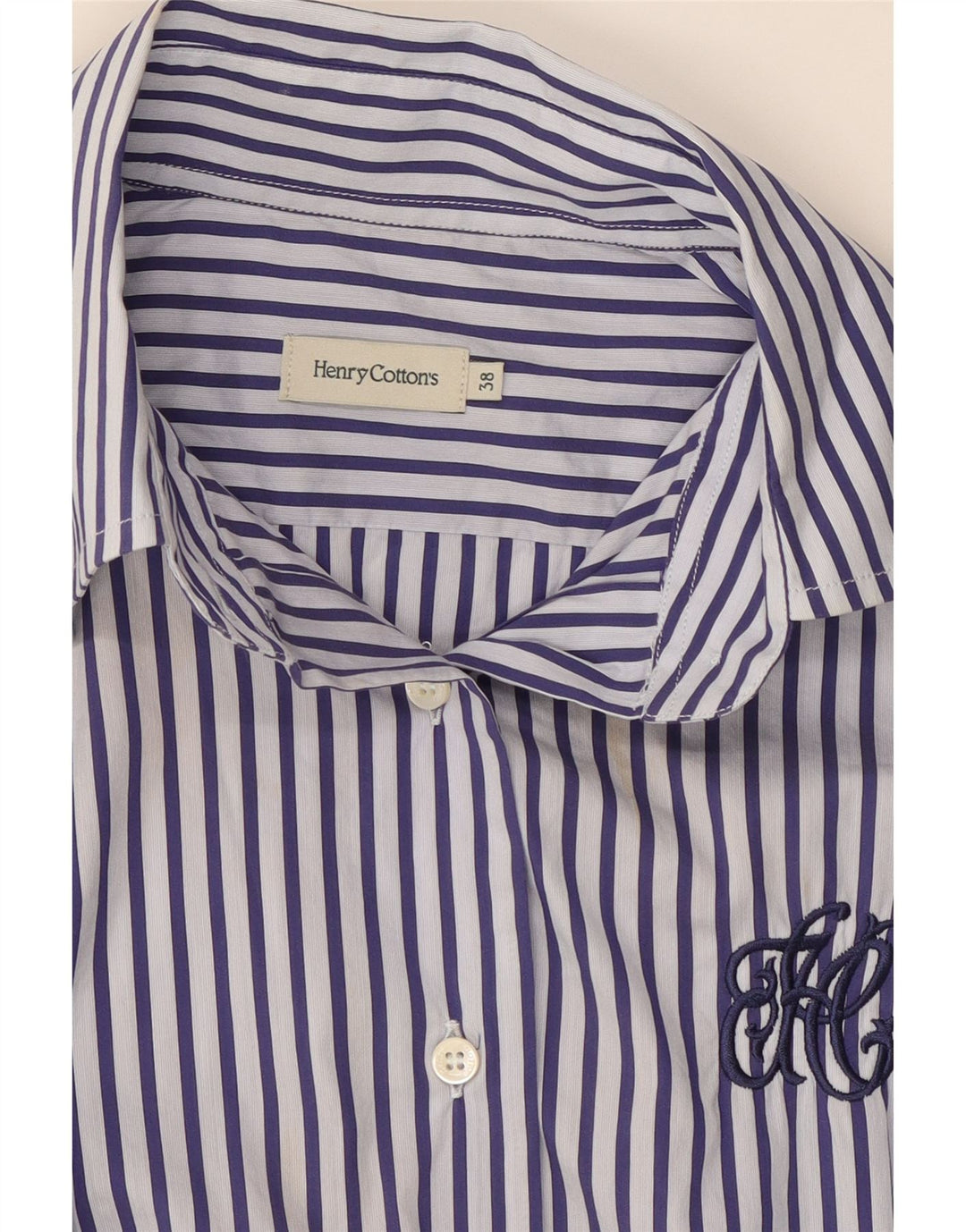 HENRY COTTONS Womens Graphic Formal Shirt EU 38 Medium Navy Blue Pinstripe Vintage Henry Cottons and Second-Hand Henry Cottons from Messina Hembry 