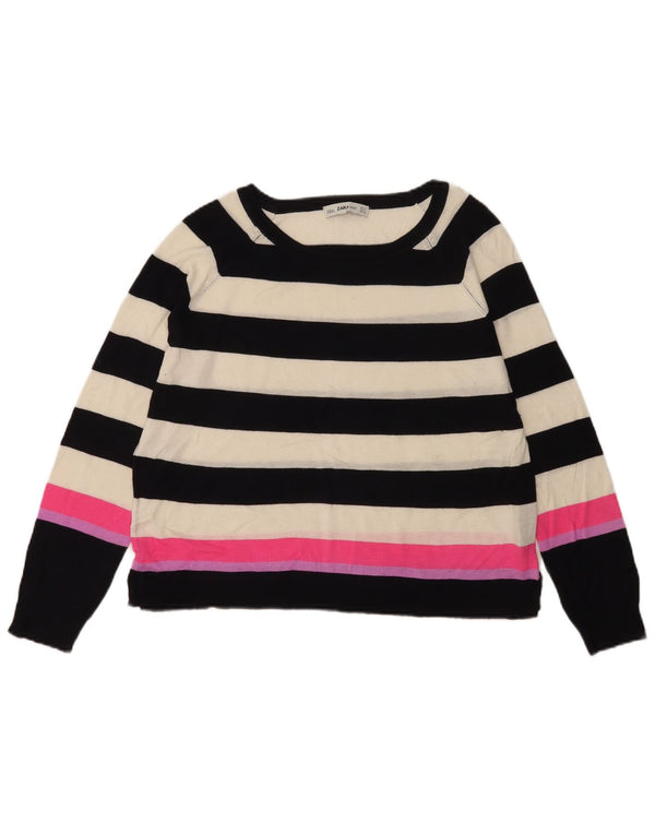 Pulover pentru femei Zara cu gât de barcă UK 14 Medium White Striped Viscose