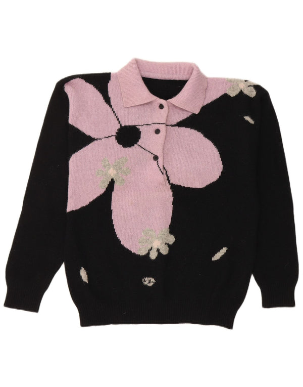 Pulover vintage cu gât polo pentru femei UK 14 Medium Black Floral Lambswool