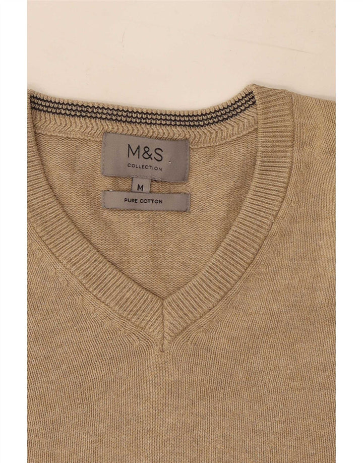 Pulover pentru bărbați Marks & Spencer, cu decolteu în V, bumbac mediu bej