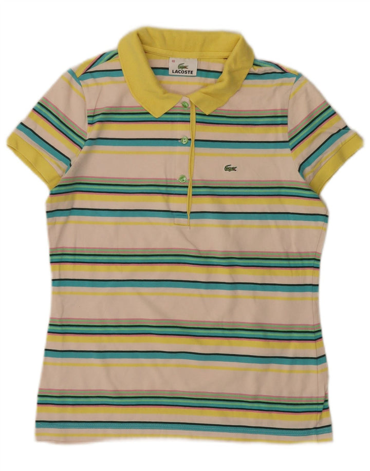Tricou polo LACOSTE pentru femei, mărimea 40, bumbac cu dungi alb, mediu
