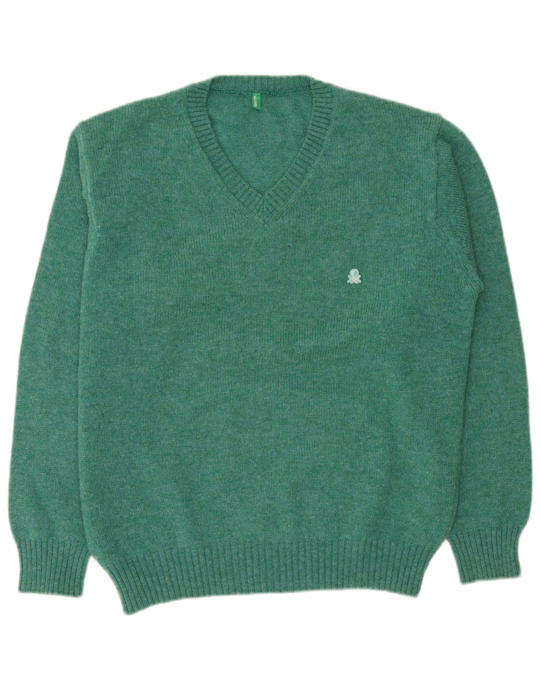 Pulover cu decolteu în V Benetton pentru bărbați, lână verde mare