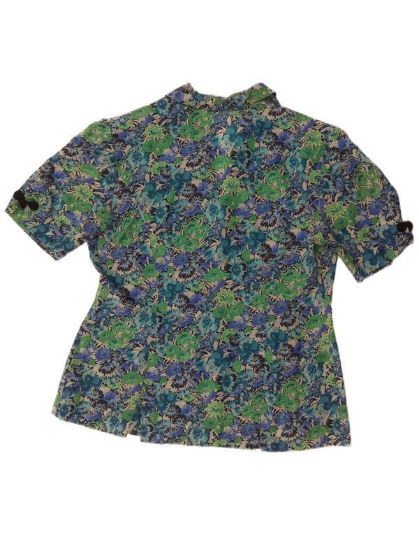 Bluză cămașă cu mânecă scurtă pentru femei vintage UK 14, mare, verde, acetat floral