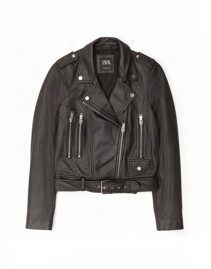 Jachetă Biker din piele pentru femei Zara UK 12 Medium Black
