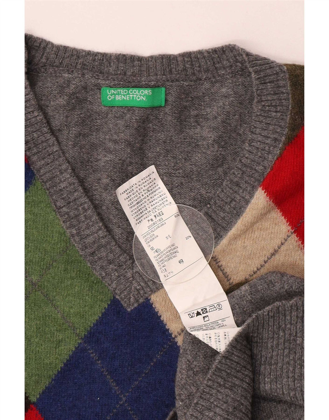 Pulover cu decolteu în V Benetton pentru bărbați, gri mediu, lână Argyle/Diamond