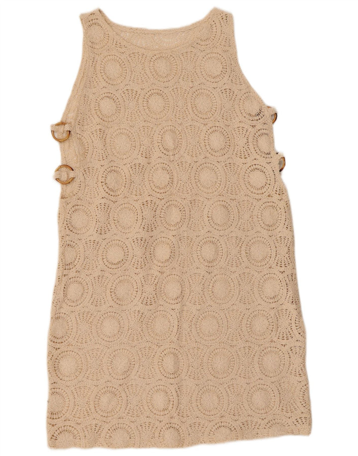 VINTAGE pentru femei croșetat rochie fără mâneci din bumbac UK 10 mic bej