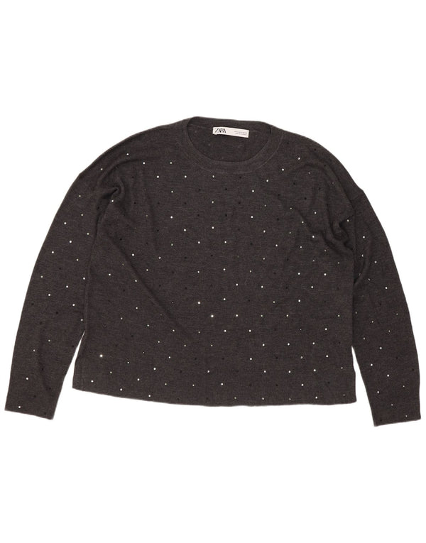 Pulover pentru femei cu decolteu scurt Zara UK 10, gri cu pete mici