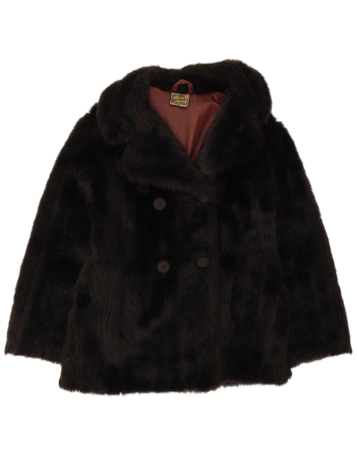 VINTAGE haină pentru femei de blană artificială cu două piepturi UK 10 mic, negru, acrilic