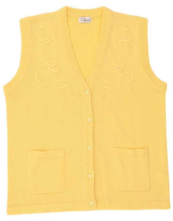 Pulover cardigan fără mâneci vintage pentru femei UK 16 mare, galben, floral