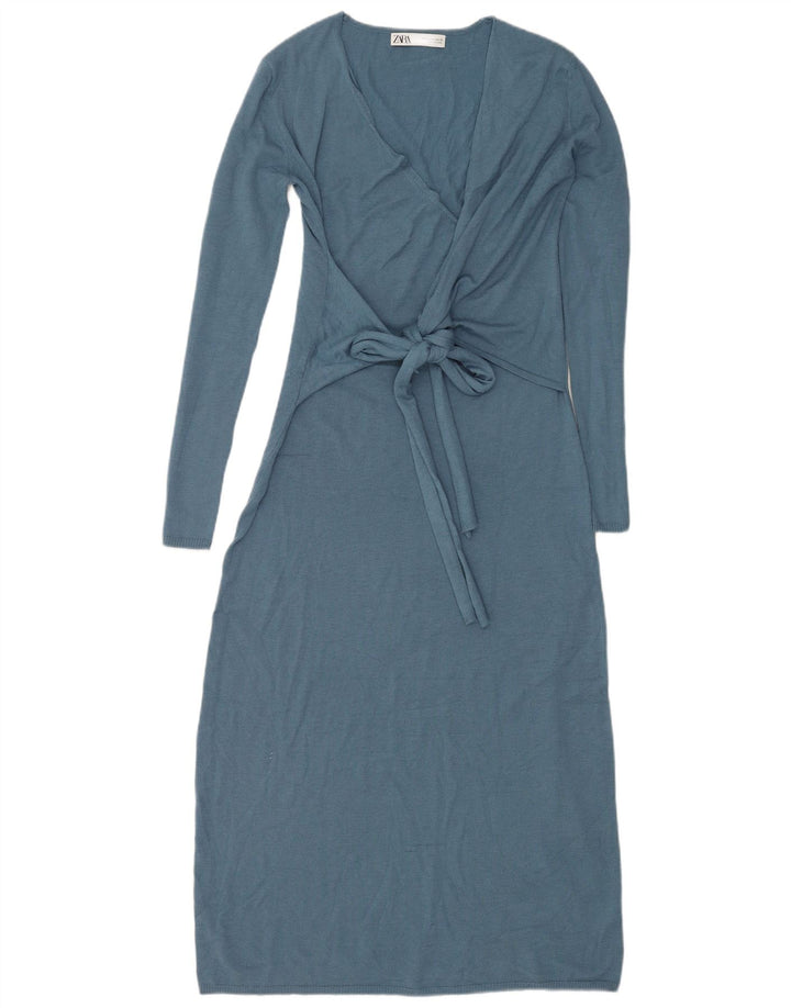 Rochie pulover cu mânecă lungă cu cravată în față pentru femei Zara UK 10 Poliester albastru mic