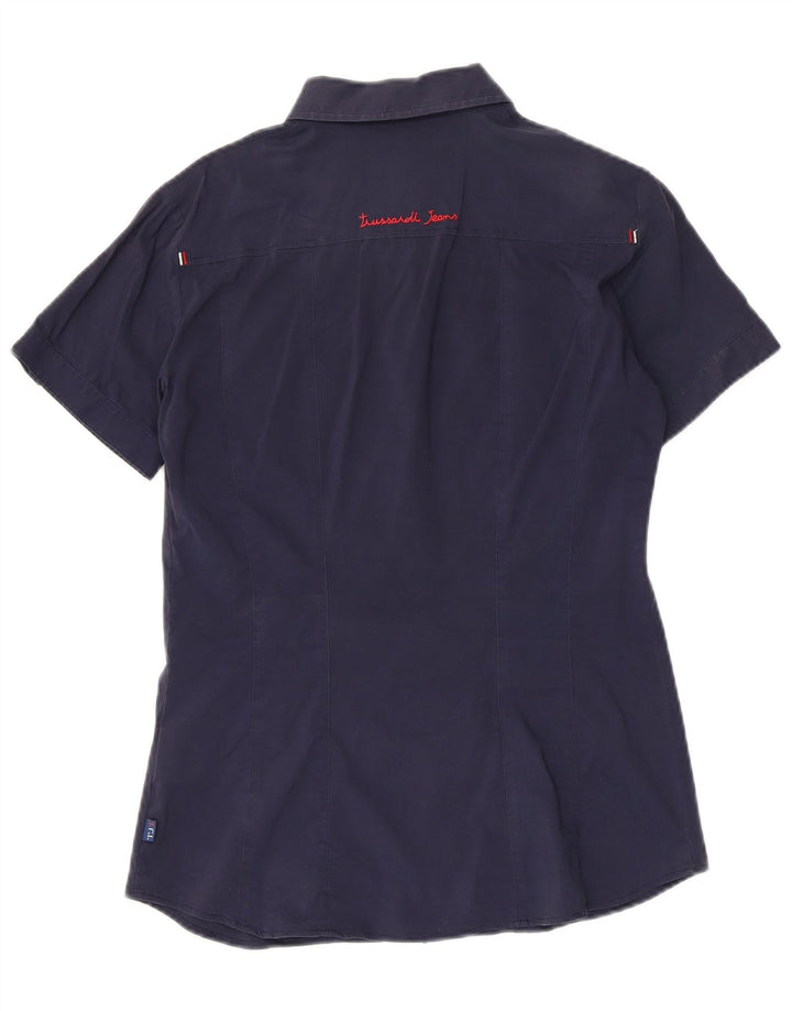 TRUSSARDI JEANS Cămașă cu mânecă scurtă pentru femei UK 12 Medium bleumarin bumbac