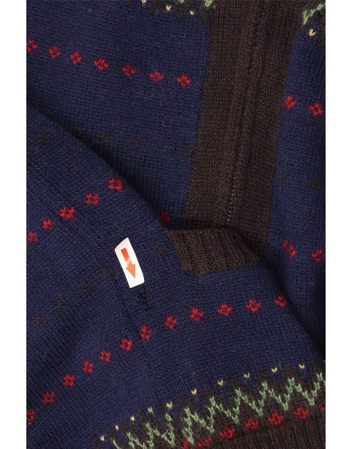 Pulover cardigan cu fermoar complet Farah pentru bărbați, lână Fair Isle, albastru mediu