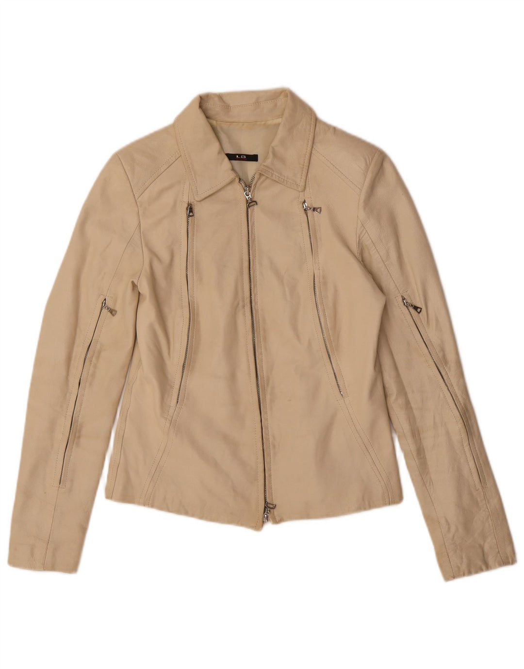 VINTAGE Womens Leather Jacket IT 42 Medium Beige Leather