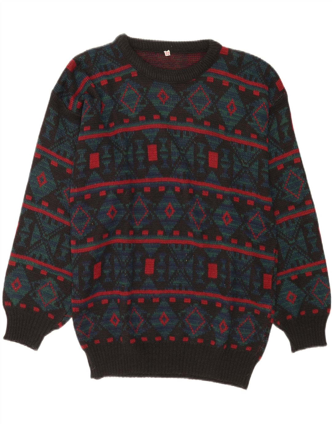 Pulover vintage pentru bărbați cu decolteu rotund, gri mediu geometric