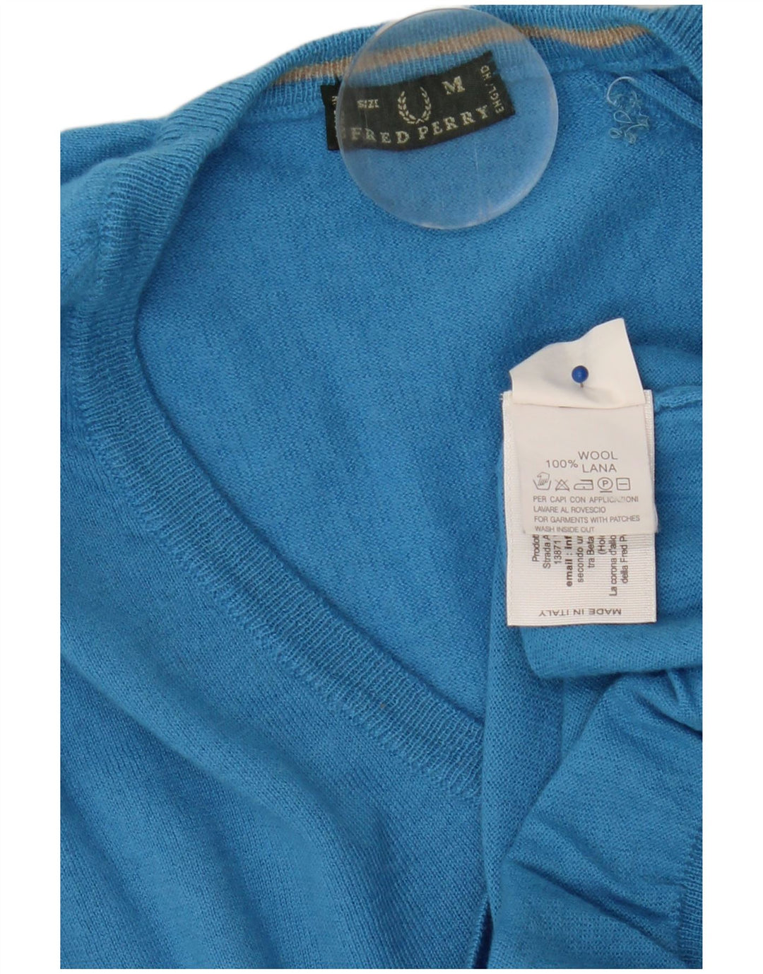 Pulover cu decolteu în V Fred Perry pentru femei UK 12 Lână albastră medie
