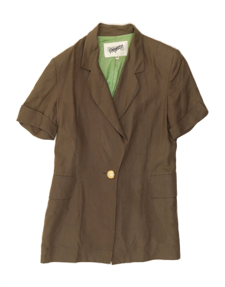 VINTAGE Womens Short Sleeve 1 Button Blazer Jacket IT 46 Large Khaki Linen Vintage Vintage and Second-Hand Vintage from Messina Hembry 