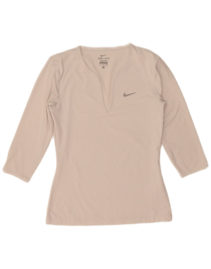 Nike Dri Fit Top mânecă 3/4 pentru femei UK 10 Poliester alb mic